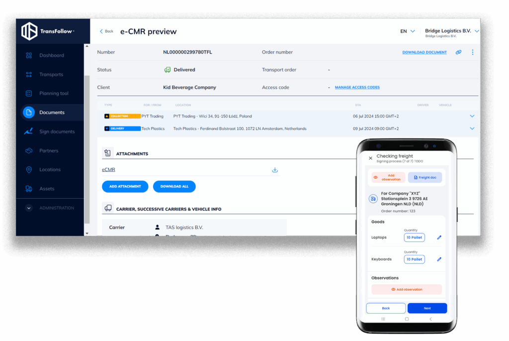 eCMR preview on TransFollow Drive and TransFollow Portal