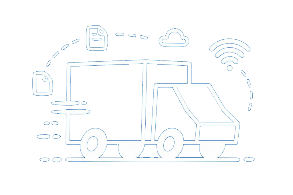 White line-drawn delivery truck on a blue background with cloud and Wi‑Fi symbols above—a stylized tech/logistics graphic.