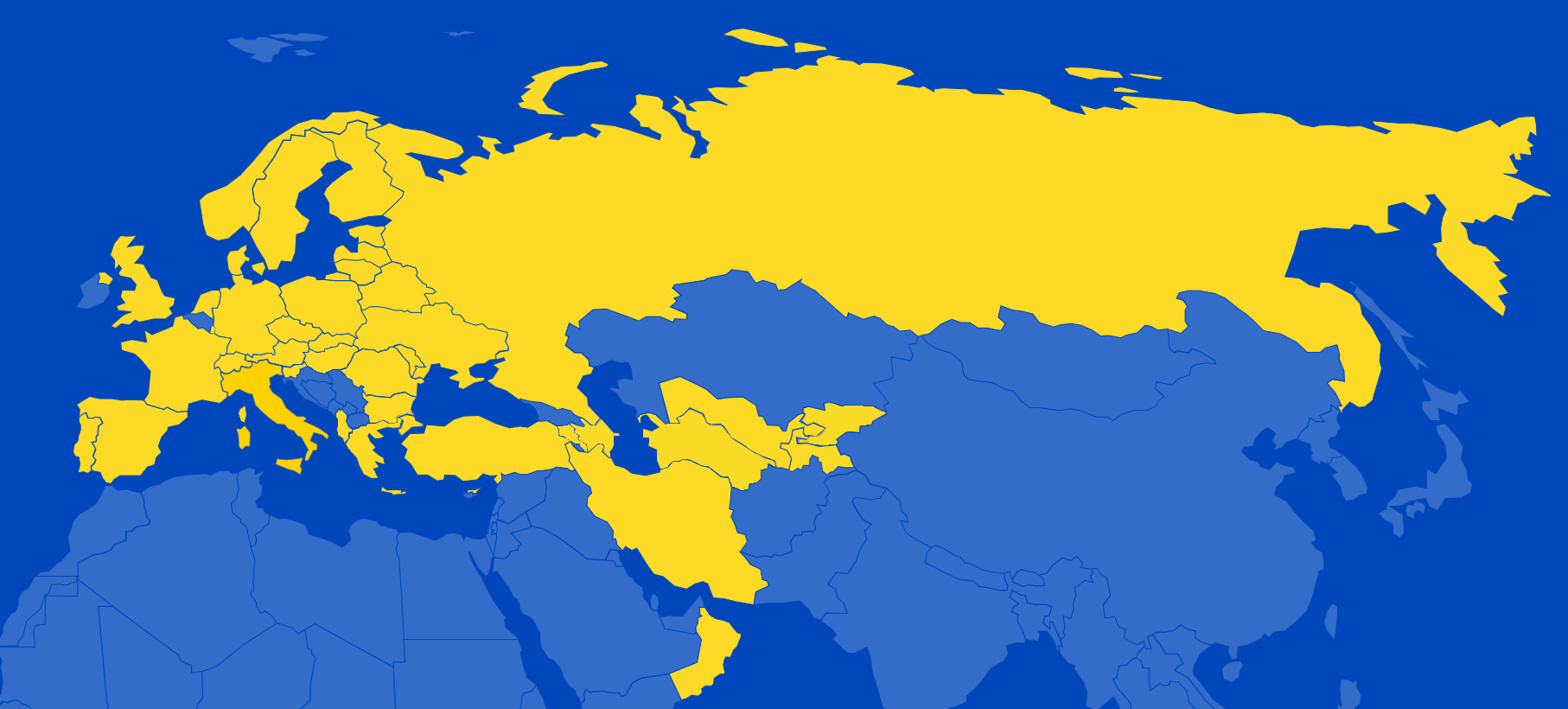 Map with yellow-highlighted countries across Europe and northern Asia on a blue background in a stylized world map environment.