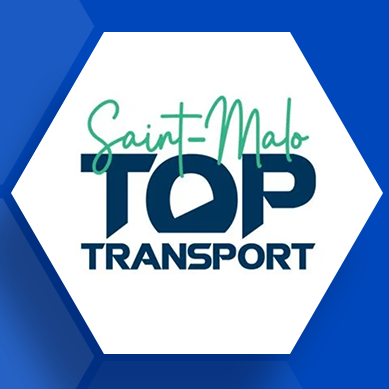 Logo for Saint-Malo TOP TRANSPORT: turquoise 'Saint-Malo' script over bold blue 'TOP' with 'TRANSPORT' text, all inside a white hexagon on a blue background.