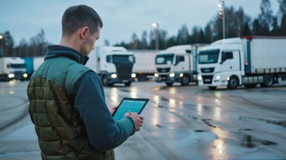 mężczyzna z tabletem stoi na parkingu z ciężarówkami